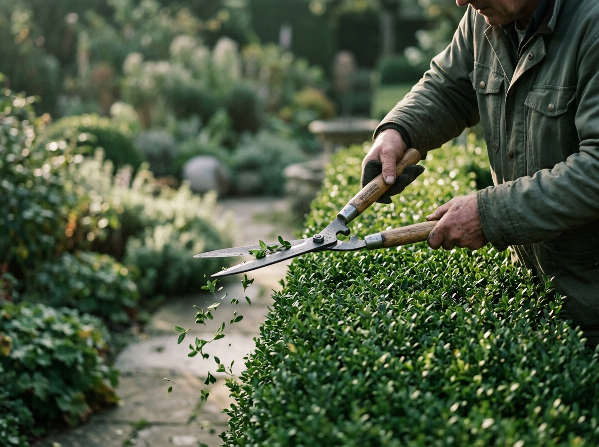 Gärtner schneidet mit der Heckenschere eine Hecke in Form