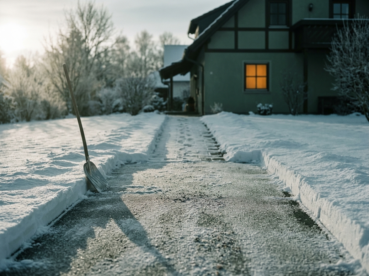 Frisch geräumte, gestreute Einfahrt im Winter bei Morgenlicht